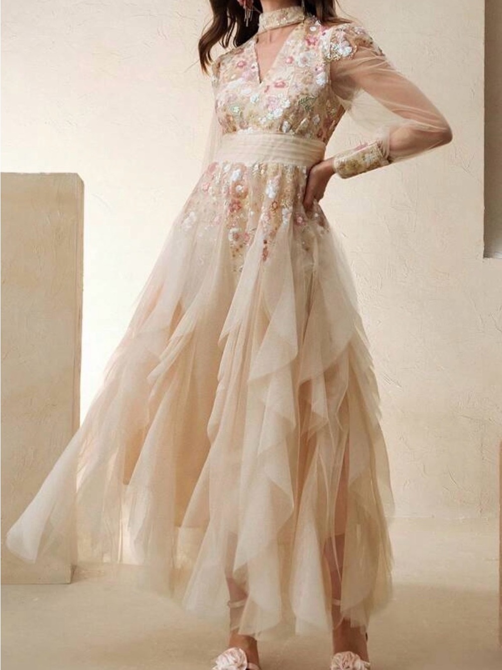 Elegant Blush Pink Embroidered Tulle Maxi Dress